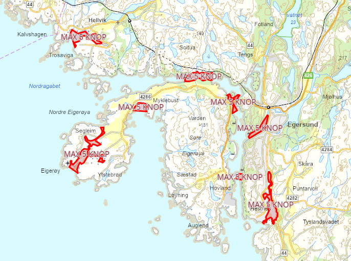 kart over Egersund havn med foreslåtte soner for fartsregulering som beskrevet i øvrig tekst.