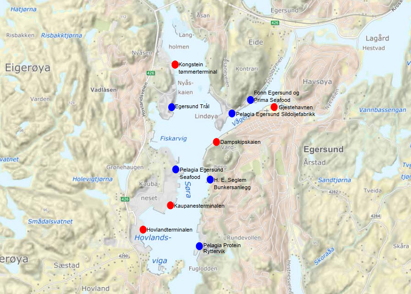 kart over Egersund merket med røde og blå punkter for avfallshåndtering